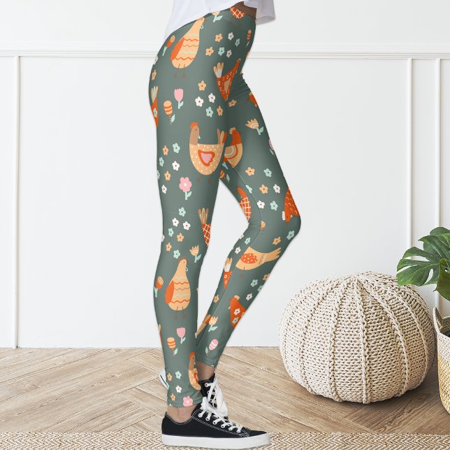 Cute Amusant Vert Orange Floral Poulet Leggings (Créateur téléchargé)