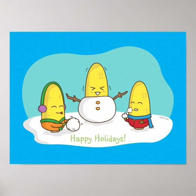 Cute Amusing Christmas Corn Builds Snowman Poster (Vorne)