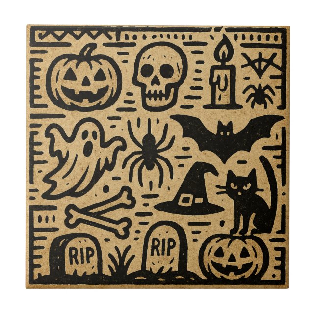 Cute ancient hieroglyph pumpkin and bat Halloween Fliese (Vorderseite)