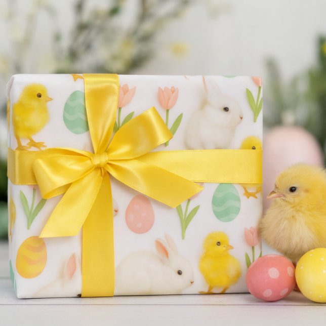 Cute and Colorful Bunny Chicken & Easter Eggs  Geschenkpapier ( A cheerful spring/Easter pattern wrapping paper featuring yellow chicks and Easter eggs. Adorable!)