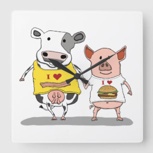 Cute and Funny Cow and Pig Friends Quadratische Wanduhr