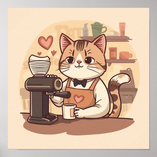 Cute and Funny Cozy Cartoon Barista Cat Poster (Devant)