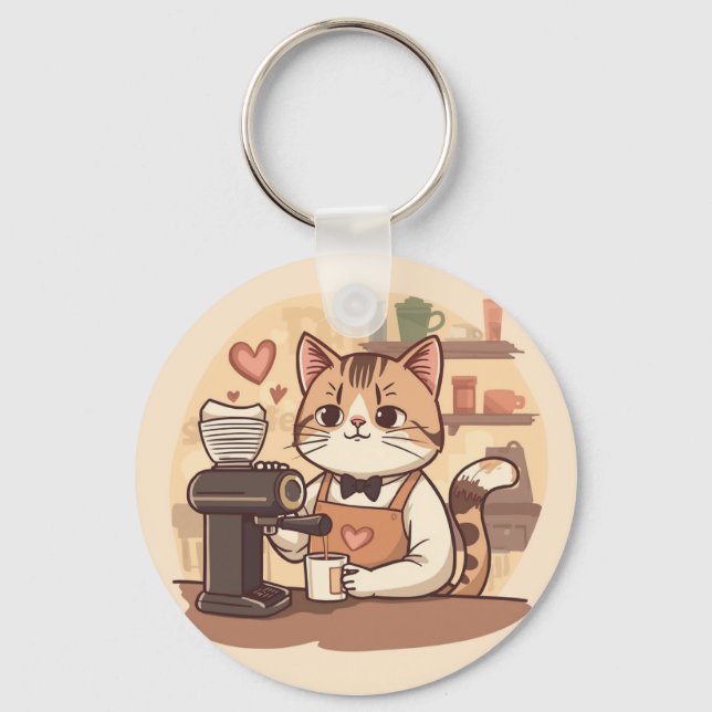 Cute and Funny Cozy Cartoon Barista Cat  Schlüsselanhänger (Vorderseite)