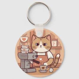 Cute and Funny Cozy Cartoon Barista Cat  Schlüsselanhänger