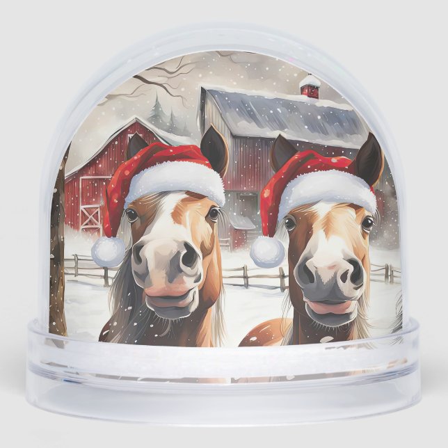 Cute and Funny Horses in Snow Christmas Schneekugeln (Vorderseite)