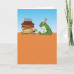 Cute and Funny Turtle and Frog Birthday Karte<br><div class="desc">This cute and funny birthday card features a turtle bringing a frog a birthday cake. It was worth the wait!

Thanks for choosing this original design by © Chuck Ingwersen and supporting me — an independent artist! I post cartoons every day on Instagram: https://www.instagram.com/captainscratchy</div>