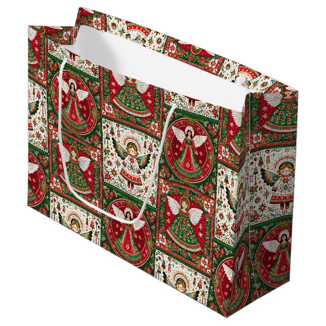 Cute Angels in Christmas Red & Green  Große Geschenktüte (Vorderseite Schrägansicht)