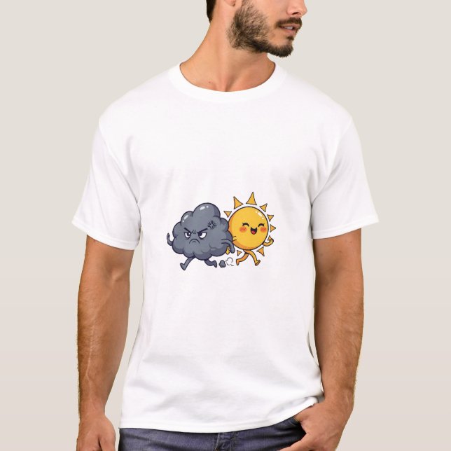 Cute Angry Grey Rain Cloud Chasing Happy Smiling T-Shirt (Vorderseite)