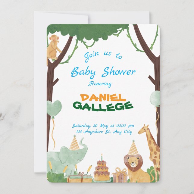 Cute Animal Baby Shower Invitation – Jungle & Safa Einladung (Vorderseite)