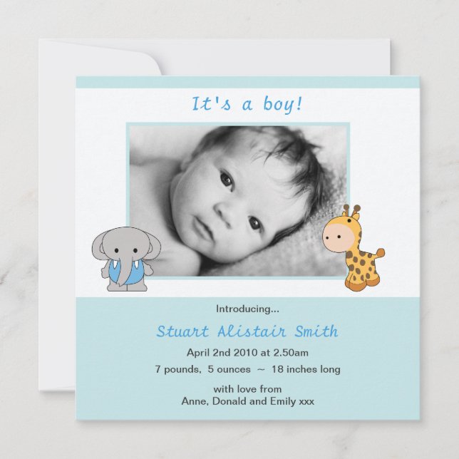 Cute Animal Blue Baby Boy Photo Faire-part (Devant)