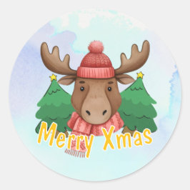 Cute Animal Moose Blue Watercolor Merry Xmas Runder Aufkleber