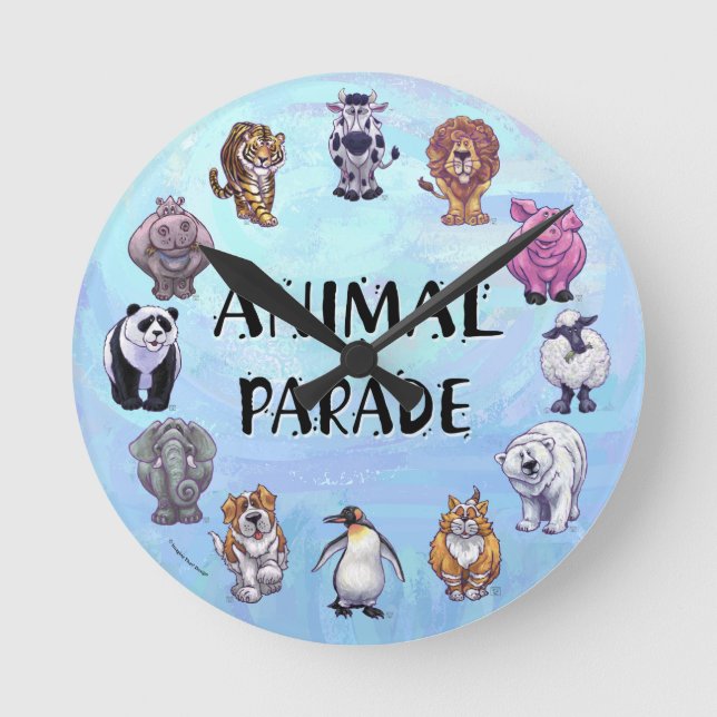 Cute Animal Parade Menagerie Clock Runde Wanduhr (Vorderseite)