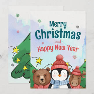Cute Animal Watercolor Christmas Blue color Feiertagskarte