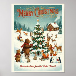Cute Animals Celebrating Christmas in Snow Poster
