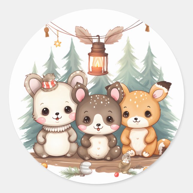Cute animals celebrating Christmas Runder Aufkleber (Vorderseite)