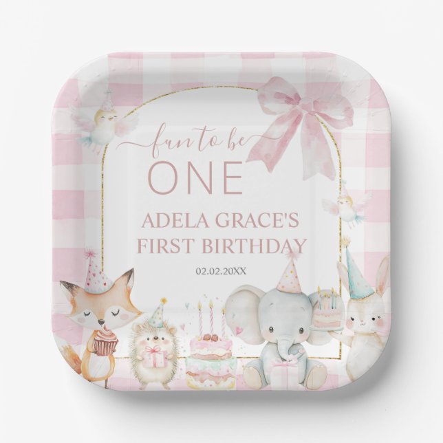 Cute Animals Fun To Be One 1st Birthday Pink Pappteller (Vorderseite)