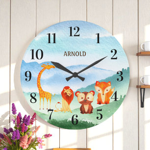 Cute Animals Kids Nursery Green Blue Forest Große Wanduhr