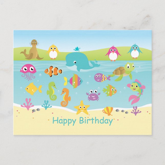 Cute animaux de mer Anniversaire de enfant Carte p (Devant)