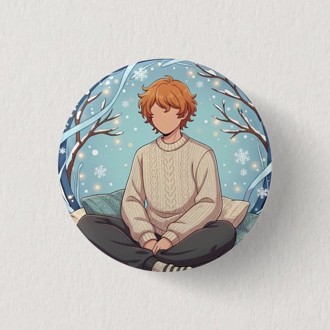 Cute Anime Boy Drinking Coffee in Winter Button (Vorderseite)