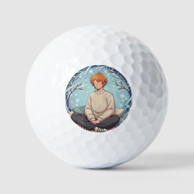 Cute Anime Boy Drinking Coffee in Winter Golfball (Vorderseite)