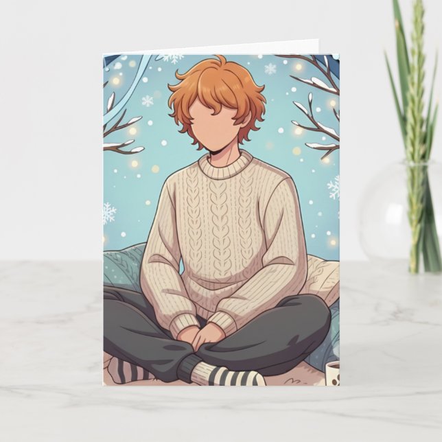 Cute Anime Boy Drinking Coffee in Winter Karte (Vorderseite)
