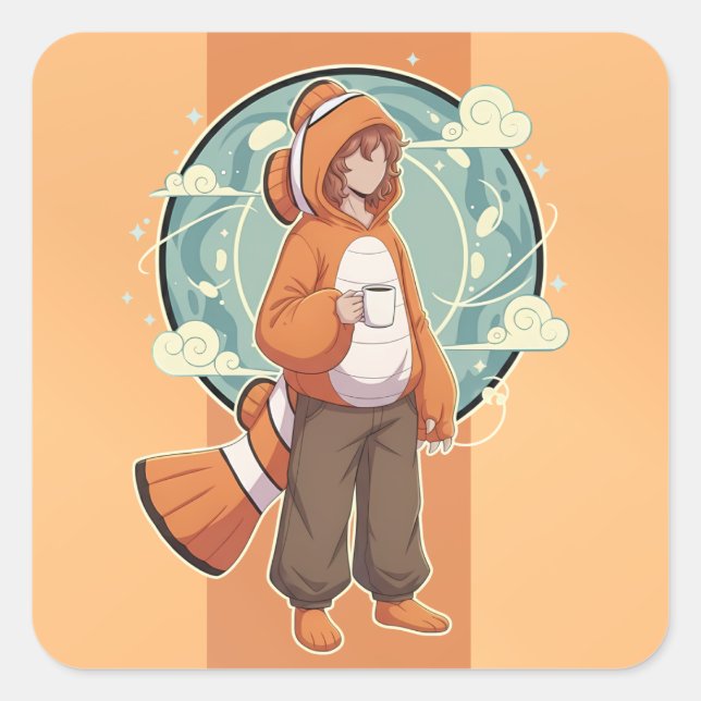 Cute Anime Boy in Clownfish Costume drinking Coffe Quadratischer Aufkleber (Vorderseite)
