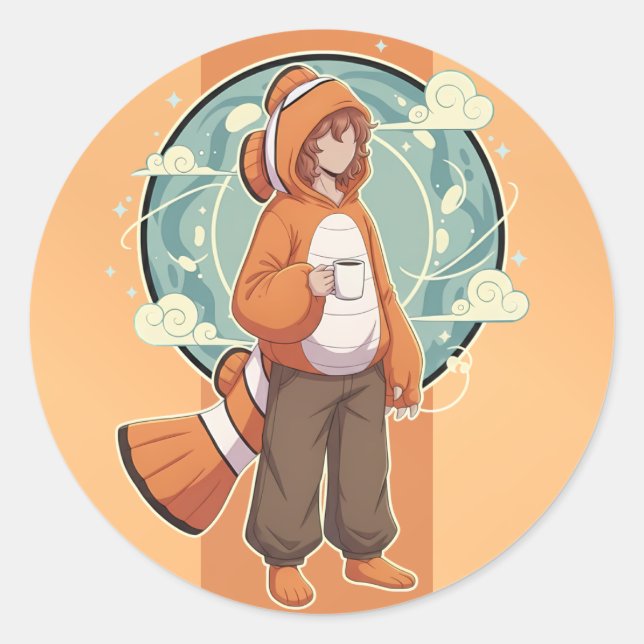 Cute Anime Boy in Clownfish Costume drinking Coffe Runder Aufkleber (Vorderseite)