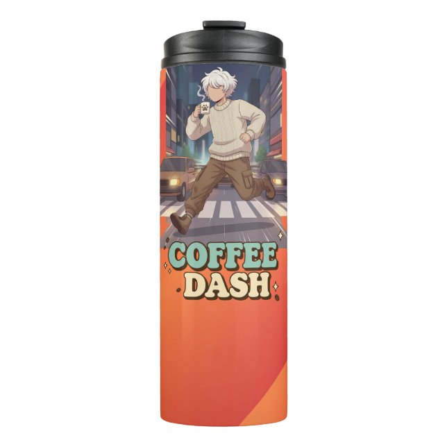 Cute Anime Boy Running in the City with Coffee Thermosbecher (Vorderseite)