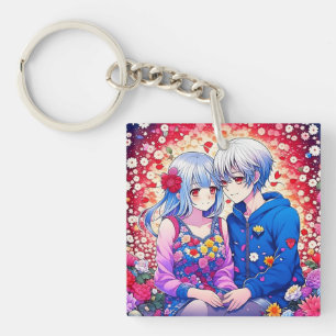 Cute Anime Couple, Fleurs et Coeur Personnalisé