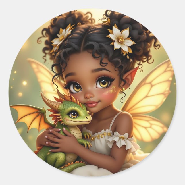 Cute Anime Fairy Girl and Chibi Dragon Runder Aufkleber (Vorderseite)
