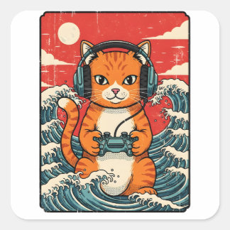 Cute Anime Gamer Cat Japanese Gaming Retro Quadratischer Aufkleber