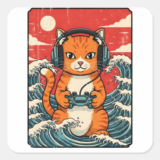 Cute Anime Gamer Cat Japanese Gaming Retro Quadratischer Aufkleber (Vorderseite)