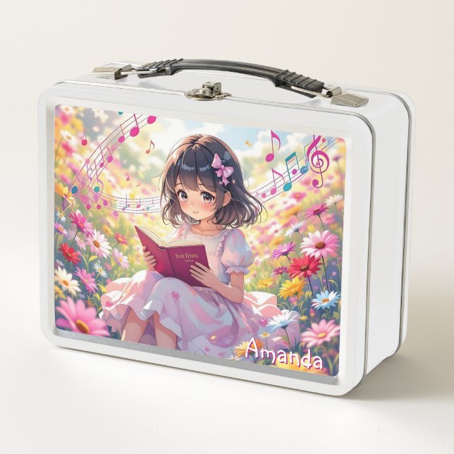 Cute Anime Girl Reading a Book Personalized Metall Brotdose (Vorderseite)