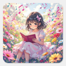 Cute Anime Girl Reading a Book Quadratischer Aufkleber