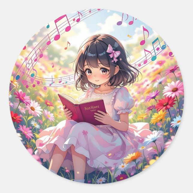 Cute Anime Girl Reading a Book Runder Aufkleber (Vorderseite)