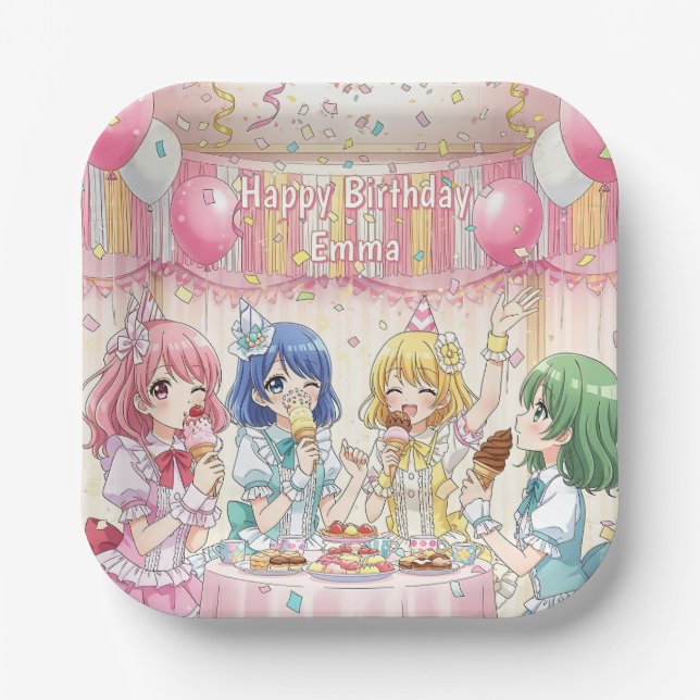 Cute Anime Girl's Ice Cream Birthday Party   Pappteller (Vorderseite)