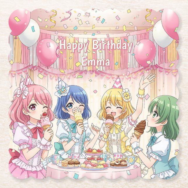 Cute Anime Girl's Ice Cream Birthday Party   Untersetzer (Vorderseite)