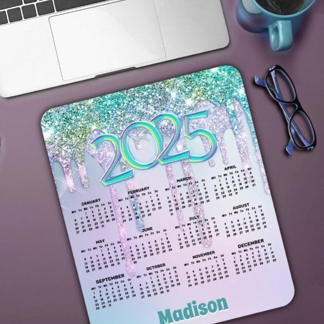 Cute Aqua Turquoise Glitter Drips 2025 Kalender Mousepad (Von Creator hochgeladen)