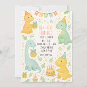 Cute Aquarelle Dinosaur 3e Invitation anniversaire