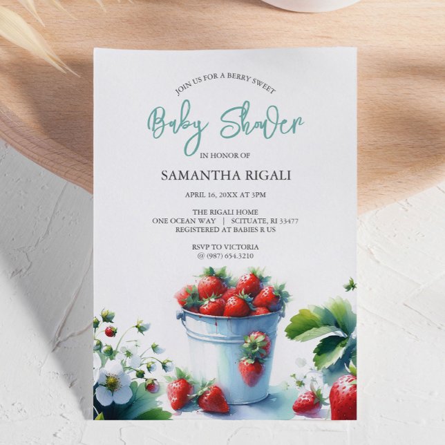 Cute Aquarelle Fraise Bébé Douche Invitations (Strawberry baby shower invitations features a retro watercolor tin pint of strawberries DoTellABelle)