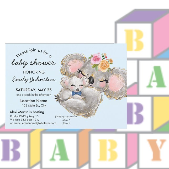 Cute aquarelle Koala Baby shower bleu Invitation (Créateur téléchargé)