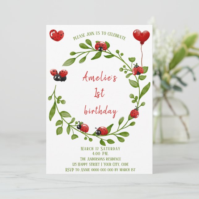 Cute Aquarelle Ladybug Invitation Anniversaire (Debout devant)