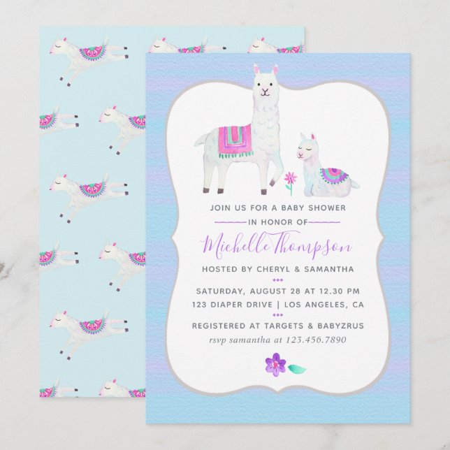 Cute Aquarelle Llama thème Baby shower Invitation (Devant / Derrière)