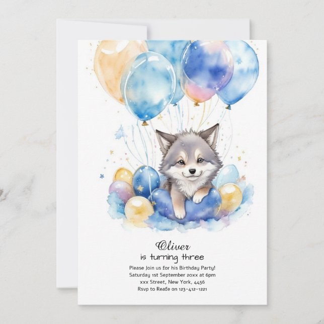 Cute Aquarelle Loup Pup Invitation Anniversaire (Devant)
