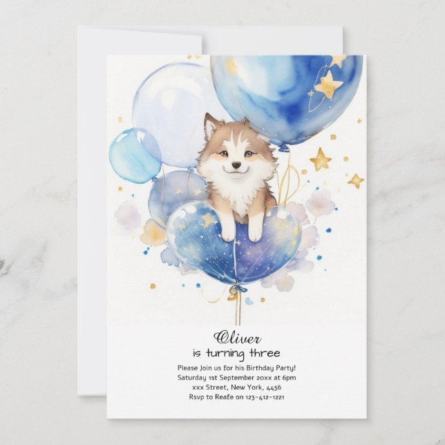 Cute Aquarelle Loup Pup Invitation Anniversaire (Devant)