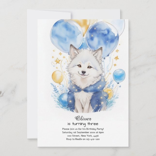 Cute Aquarelle Loup Pup Invitation Anniversaire (Devant)