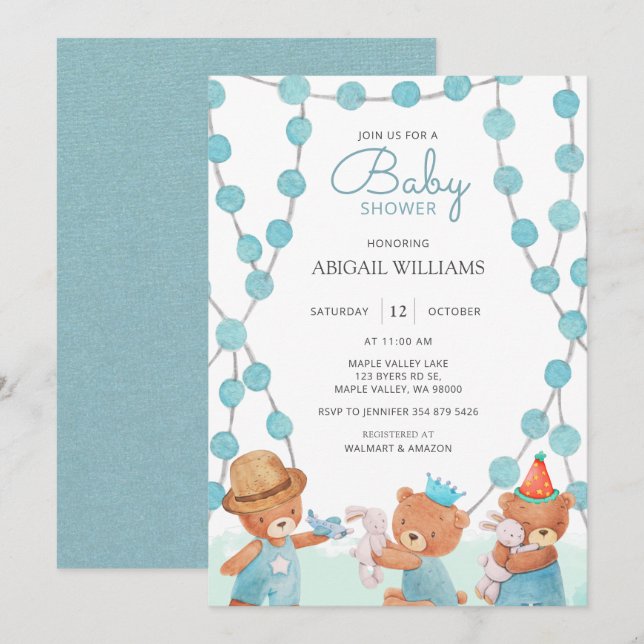 Cute Aquarelle Teddy Bear Baby shower Invitation (Devant / Derrière)