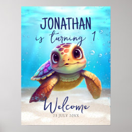Cute Aquarelle Tortue Affiche de bienvenue d'anniv