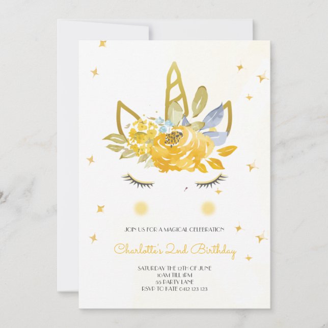 Cute Aquarelle Unicorn Yellow Invitation (Devant)