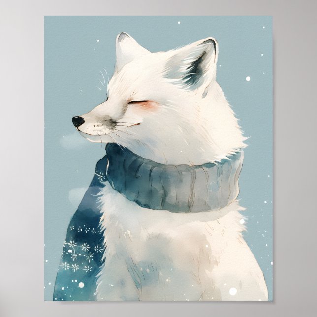 Cute Arctic Fox Nursery Wall Art Watercolor Poster (Vorne)